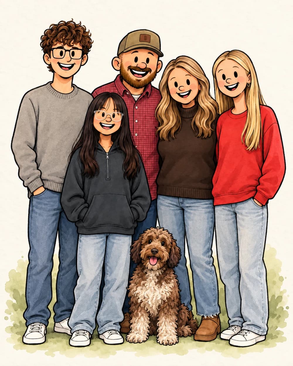 Illustration of the five members of the Downs family with their dog