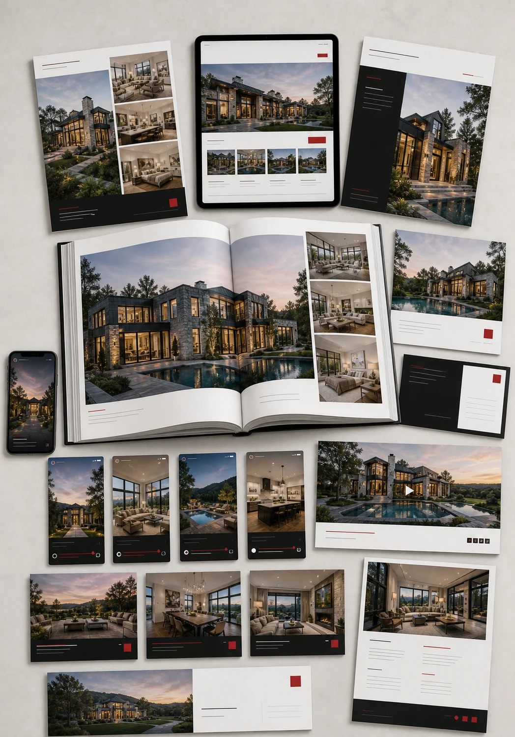 Illustrative Signature Campaign centered on a custom property book with social, video, YouTube, print, and campaign pieces